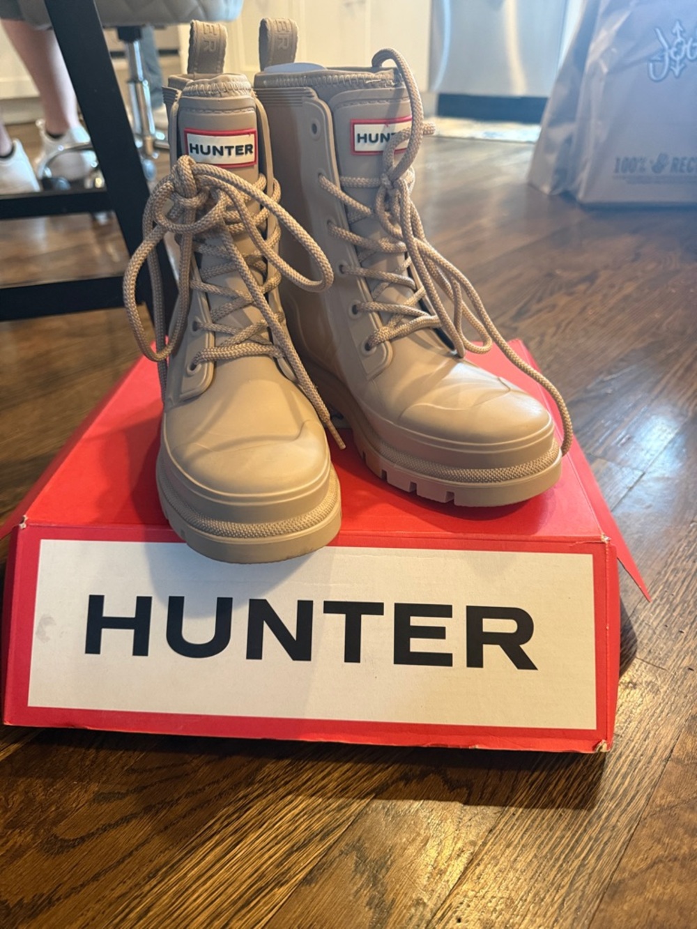 Hunter Taupe Lace-Up Rain Boots new